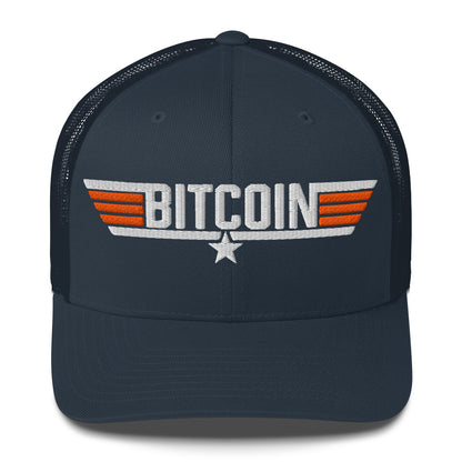 Navy blue cap with 'BITCOIN' and star design on a white background