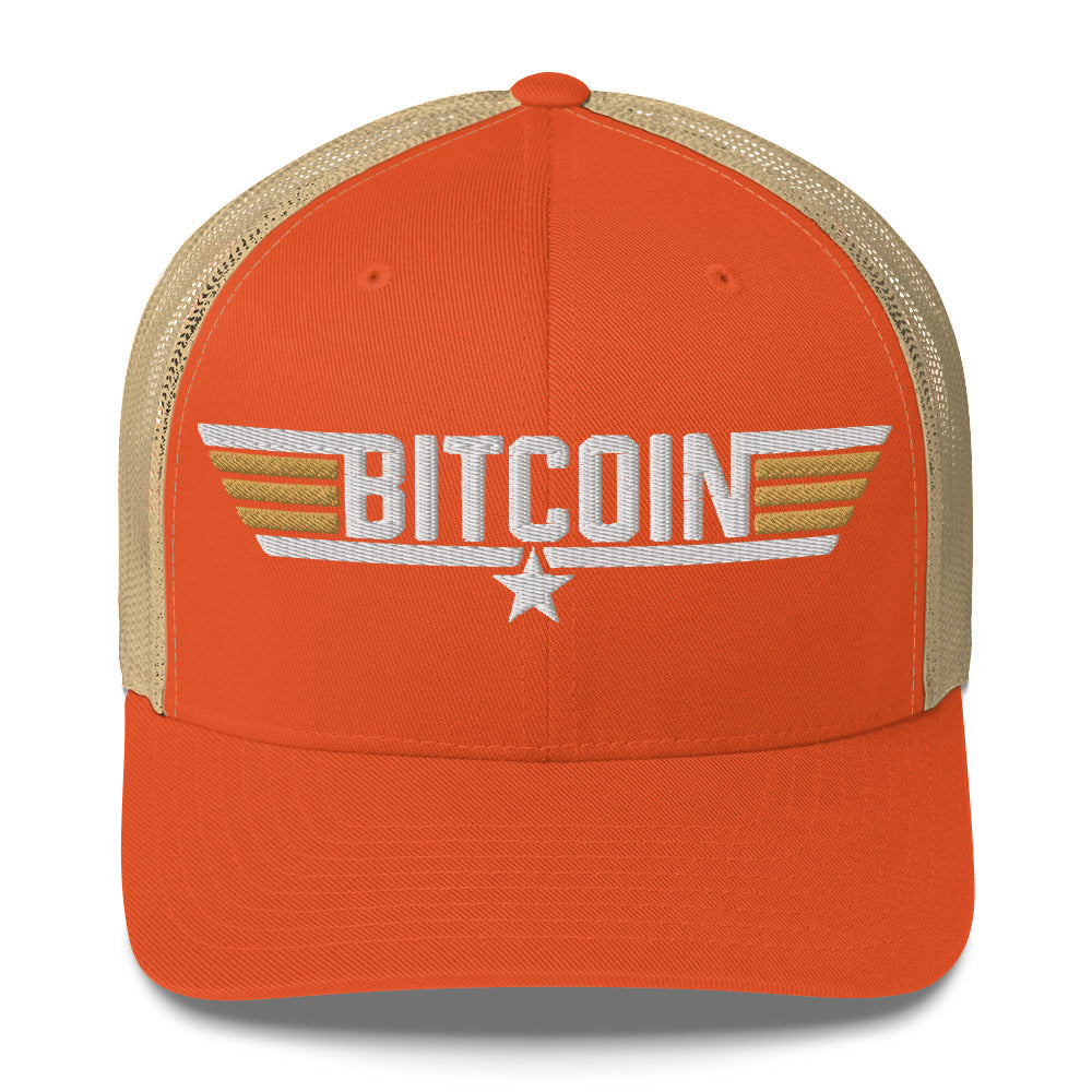 Orange cap with 'Bitcoin' and star design on a white background