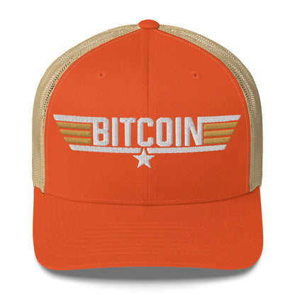 Orange cap with 'Bitcoin' and star design on a white background