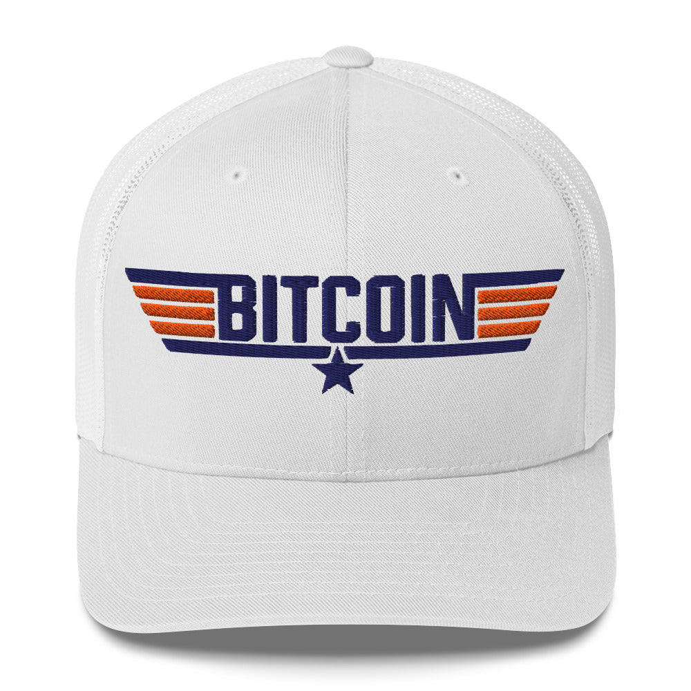 White cap with Bitcoin logo featuring wings and a star on a white background