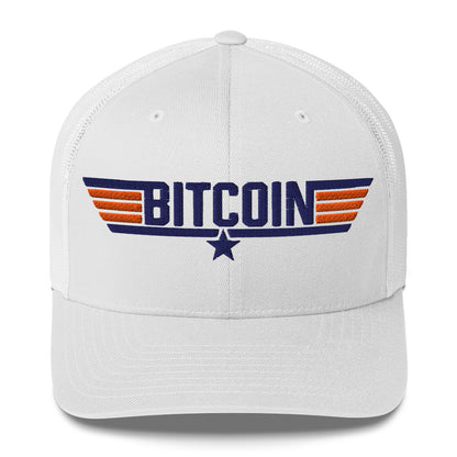 White cap with Bitcoin logo featuring wings and a star on a white background