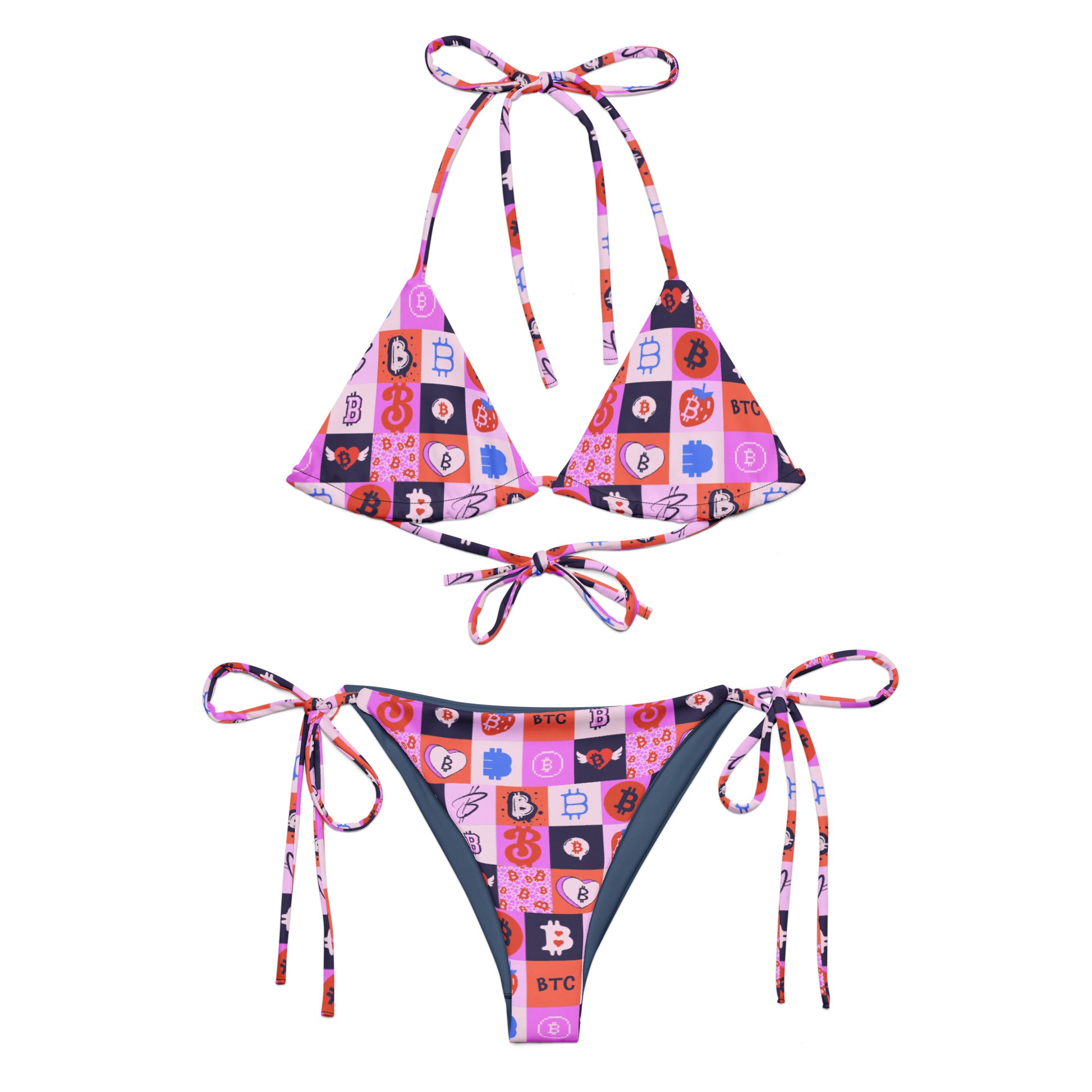 Colorful bitcoin bikini set with geometric pattern on a white background