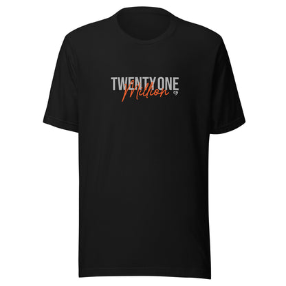 Black t-shirt with 'TWENTY ONE MILLION' text on a white background