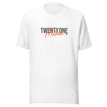 White t-shirt with 'TWENTY ONE MILLION' text on a white background