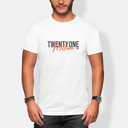 Person wearing a white t-shirt with 'Twenty One Million' text design.