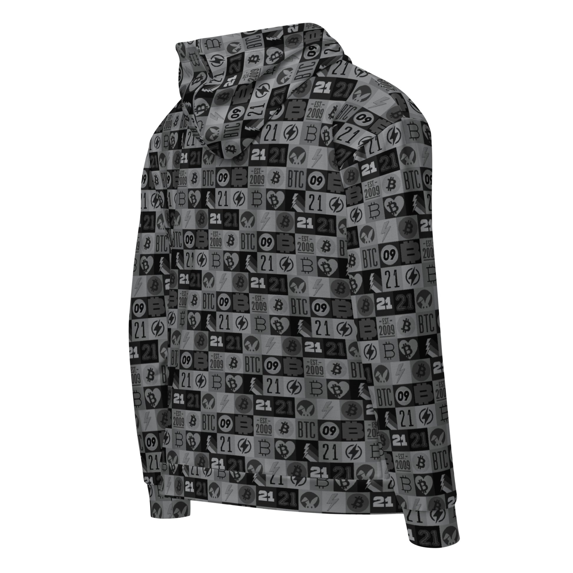 Hoodie with a bitcoin patterned design on a white background