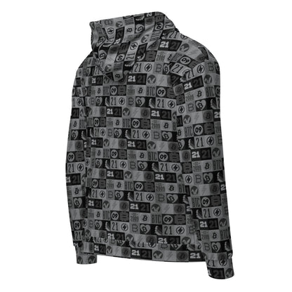 Hoodie with a bitcoin patterned design on a white background
