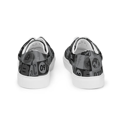 Black and white sneakers with graphic design on a white background