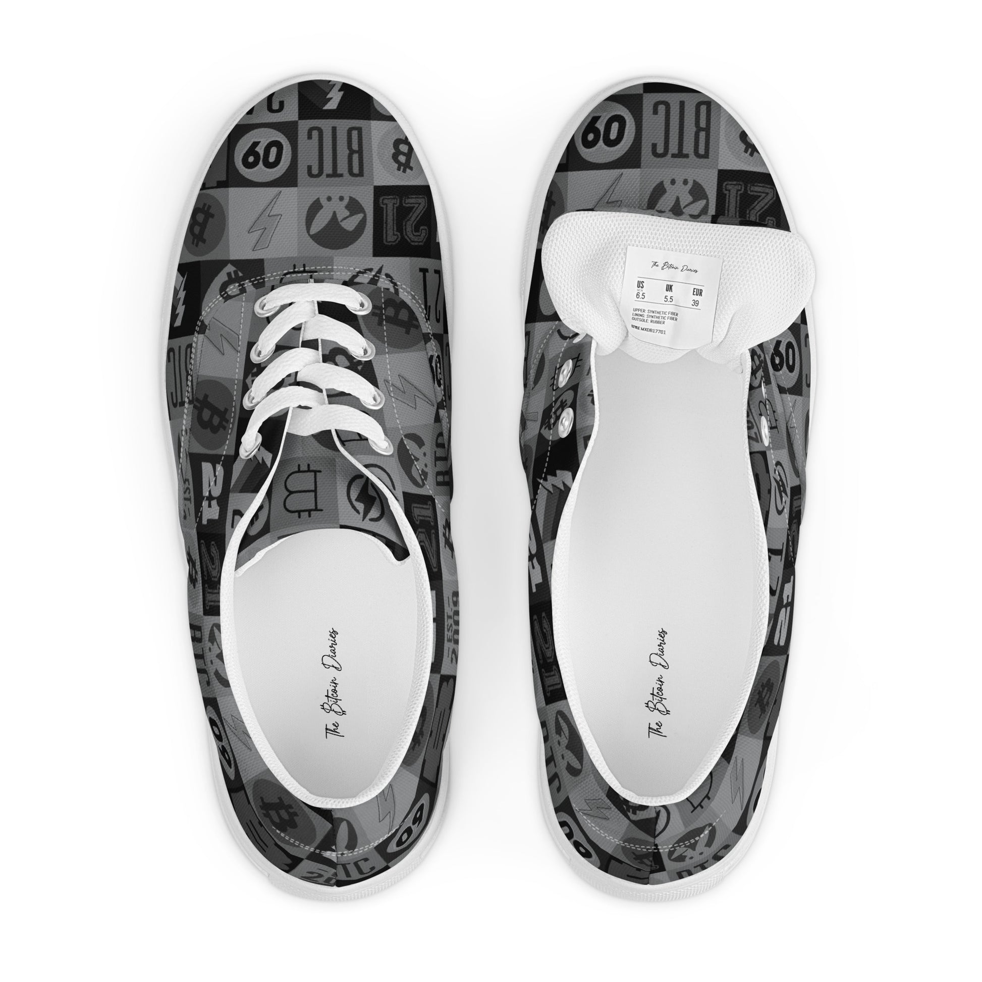 Pair of sneakers with black and white bitcoin patterned soles on a white background