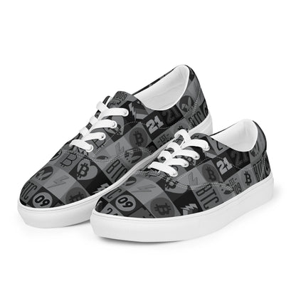 Pair of sneakers with Bitcoin pattern on a white background