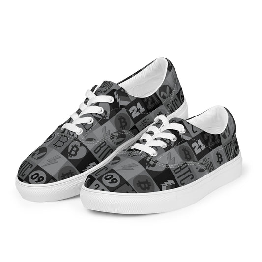Pair of sneakers with Bitcoin pattern on a white background