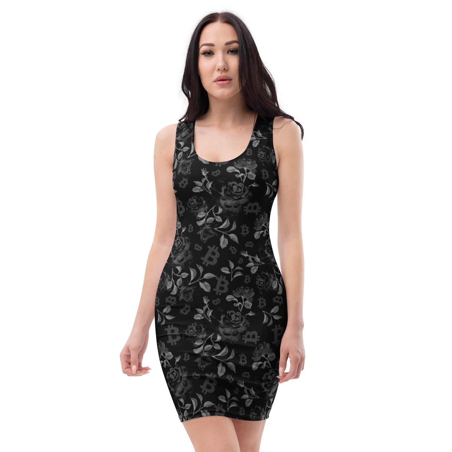 Woman wearing a black floral dress with bitcoin symbols on a white background