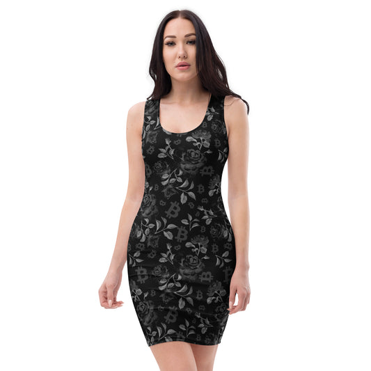 Woman wearing a black floral dress with bitcoin symbols on a white background