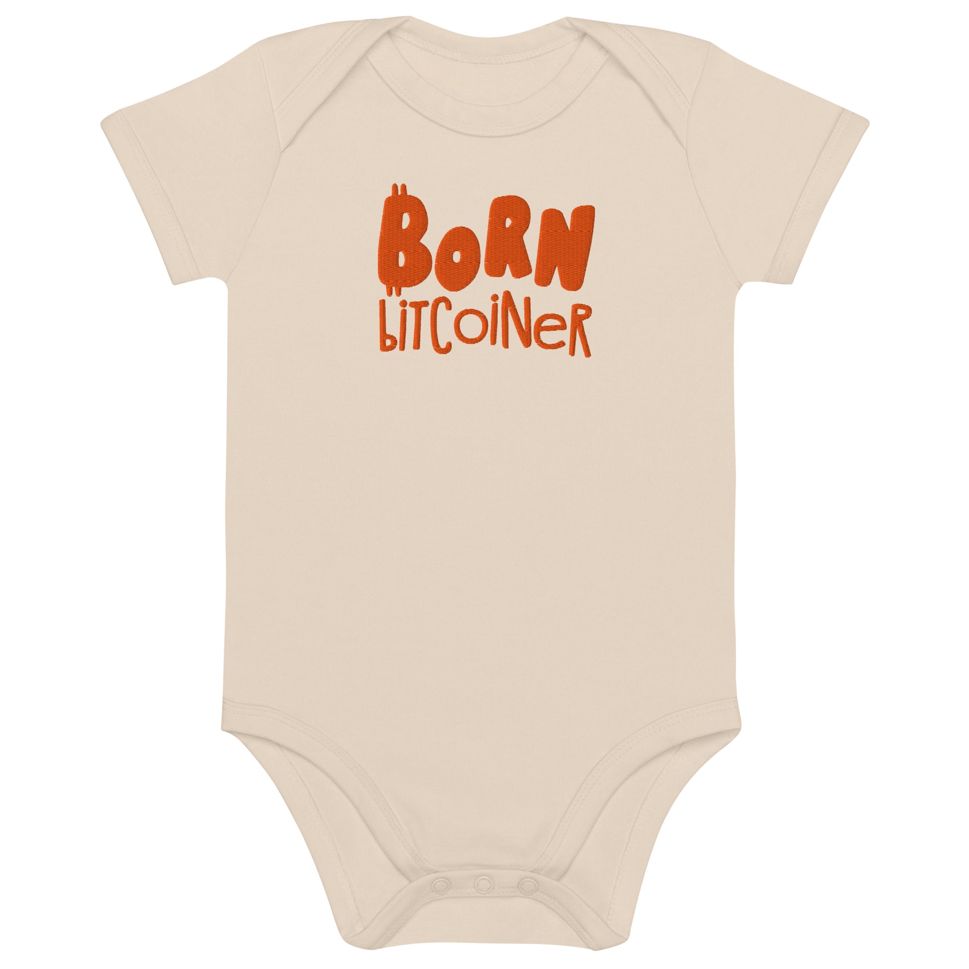 Beige baby onesie with 'Born Bitcoiner' text in orange on a white background