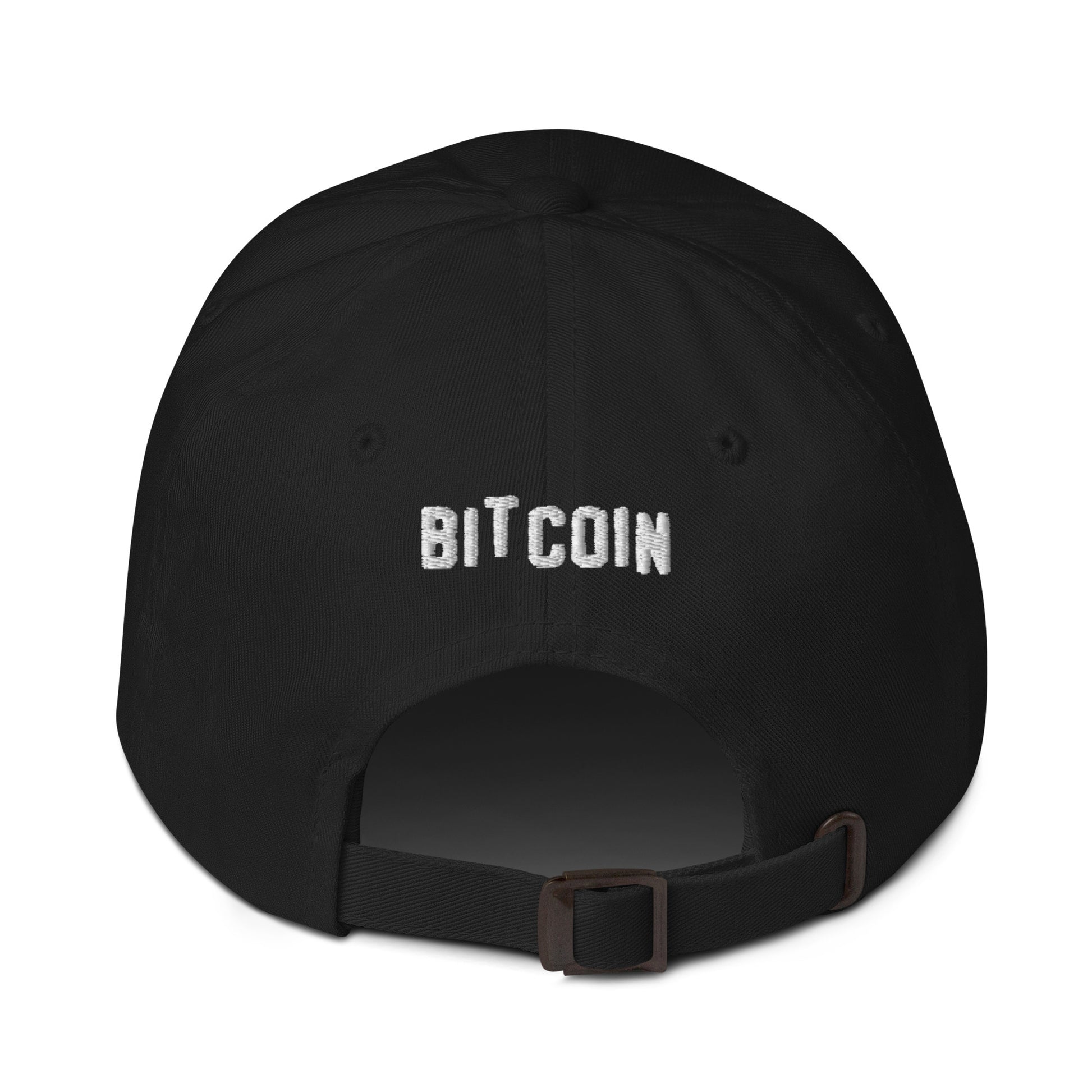 Black cap with 'BITCOIN' embroidered on the back against a white background