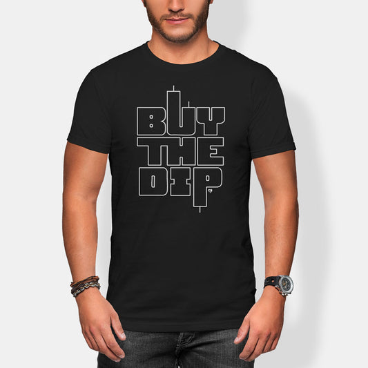 Person wearing a black t-shirt with 'BUY THE DIP' text on a white background