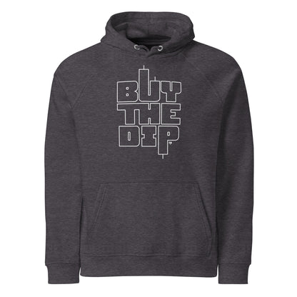 Dark gray hoodie with 'BUY THE DIP' text on a white background