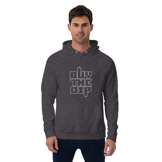 Man wearing a dark gray hoodie with 'BUY THE DIP' text on a white background