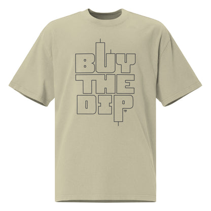 Beige t-shirt with 'BUY THE DiP' text on a white background