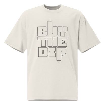 Beige t-shirt with 'BUY THE DiP' text on a white background