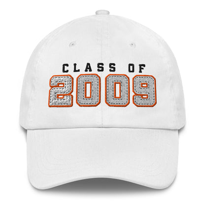 White cap with 'Class of 2009' text on a white background
