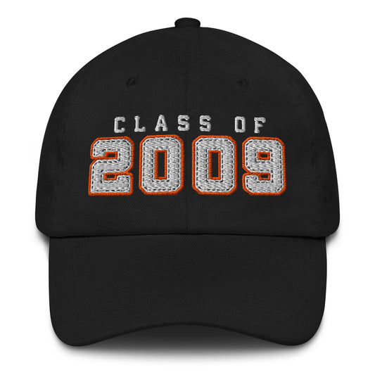 Black cap with 'Class of 2009' text on a white background