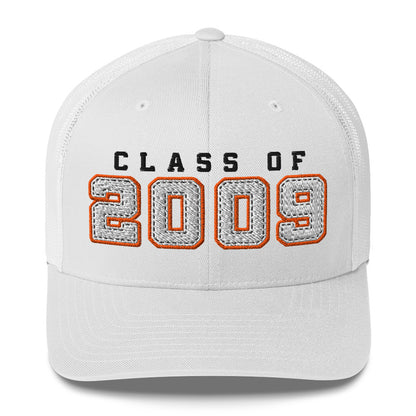 White cap with 'Class of 2009' text on a white background
