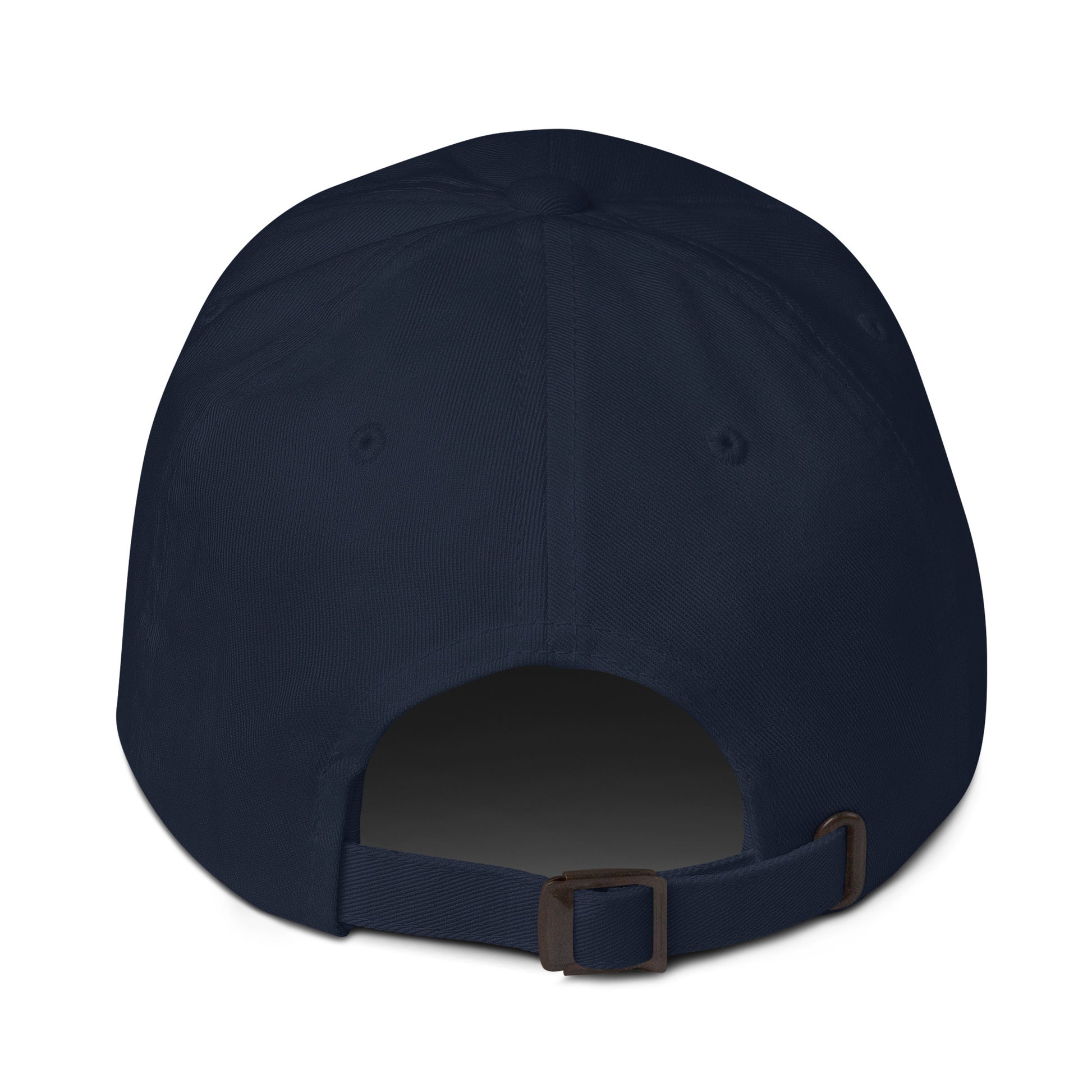 Navy blue cap with a brown buckle on a white background
