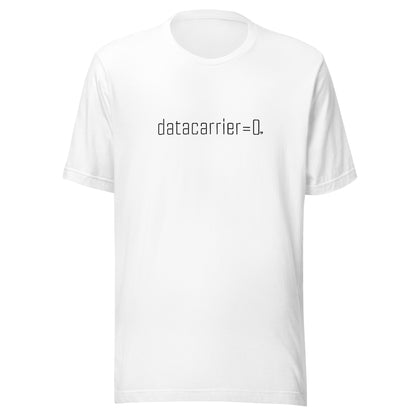 White t-shirt with text 'datacarrier=0.' on a white background