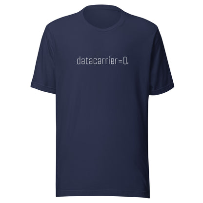 Navy blue t-shirt with white datacarrier=0 text on a white background