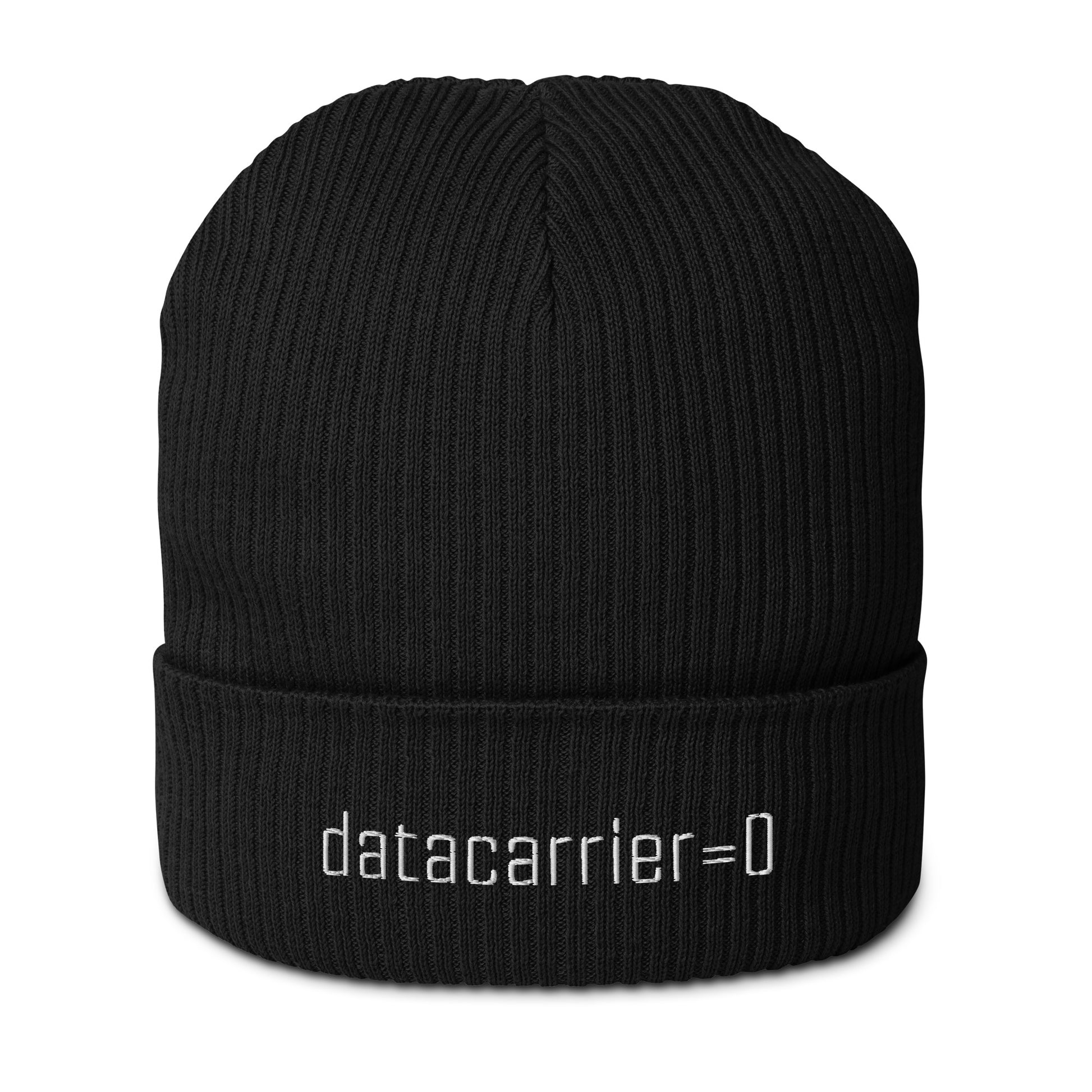 Black beanie with 'datacarrier=0' text on a white background