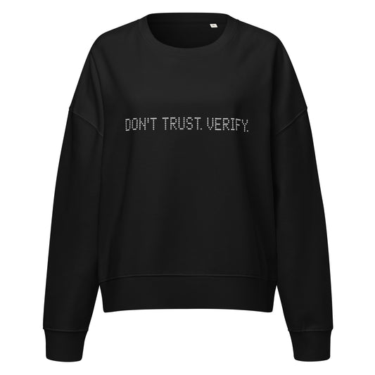 Black sweatshirt with 'DON'T TRUST. VERIFY.' text on a white background