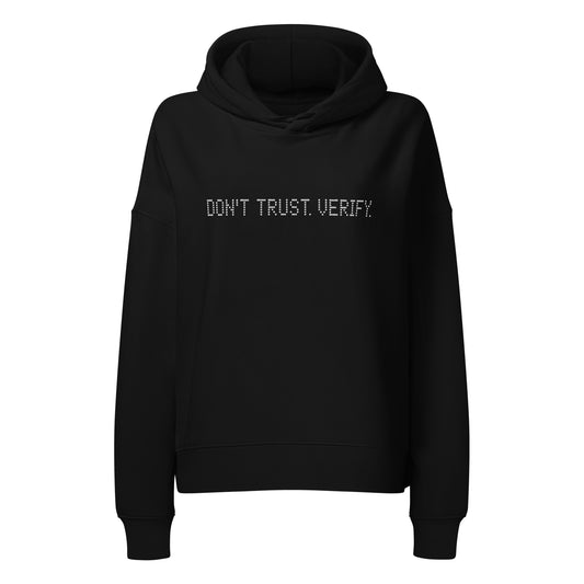 Black hoodie with 'DON'T TRUST, VERIFY' text on a white background