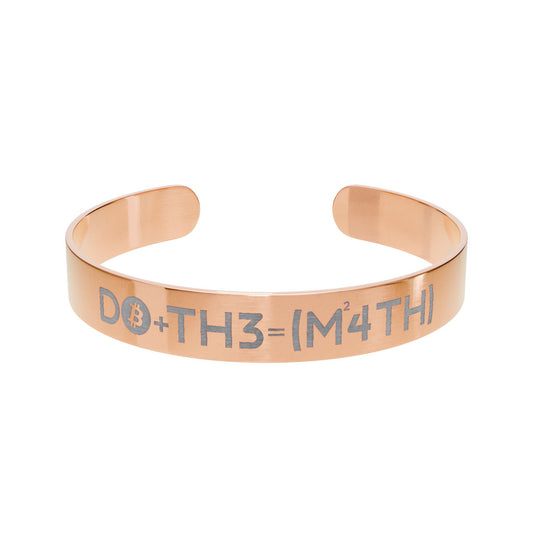 Rose gold bracelet with Bitcoin-themed 'do the math' engraving on a white background