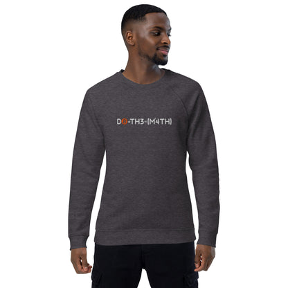 Man wearing a dark gray sweatshirt with do the math bitcoin text on a white background