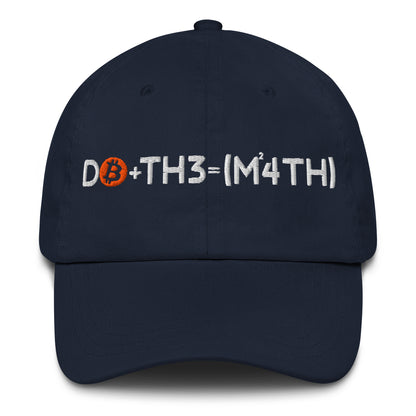 Navy blue cap with Bitcoin symbol and do the math text on a white background