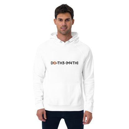 Man wearing a white hoodie with do  the math bitcoin text on a white background