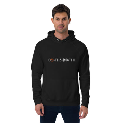 Man wearing a black hoodie with bitcoin do the math text on a white background
