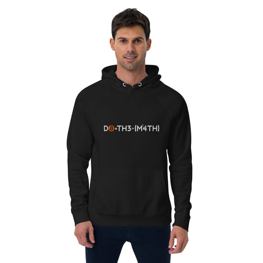 Man wearing a black hoodie with bitcoin do the math text on a white background