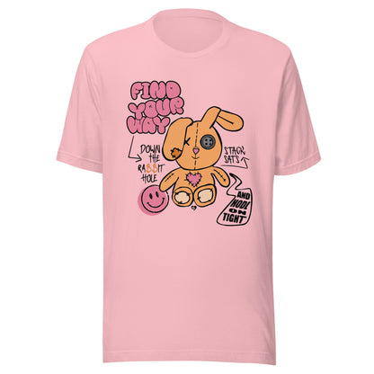 Pink t-shirt with cartoon bitcoin bunny and text design on a white background