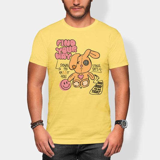 Person wearing a yellow t-shirt with a bitcoin rabbit graphic design and text.