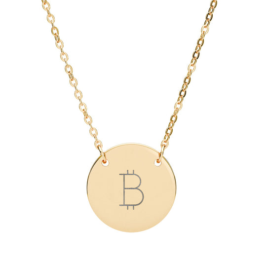 Gold necklace with a round pendant featuring the Bitcoin symbol on a white background