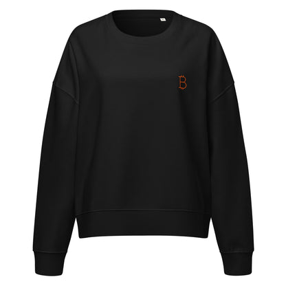 Black sweatshirt with a small orange bitcoin logo on a white background