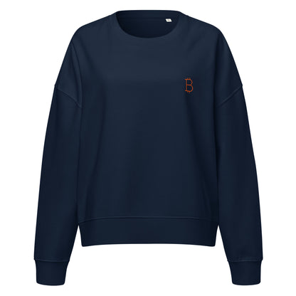 Navy blue sweatshirt with a small orange bitcoin logo on a white background