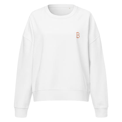 White sweatshirt with a small orange bitcoin logo on a white background
