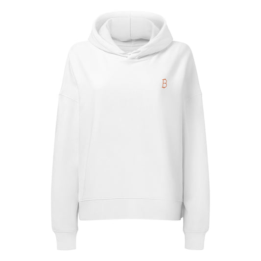 White hoodie with a small bitcoin logo on the chest against a white background