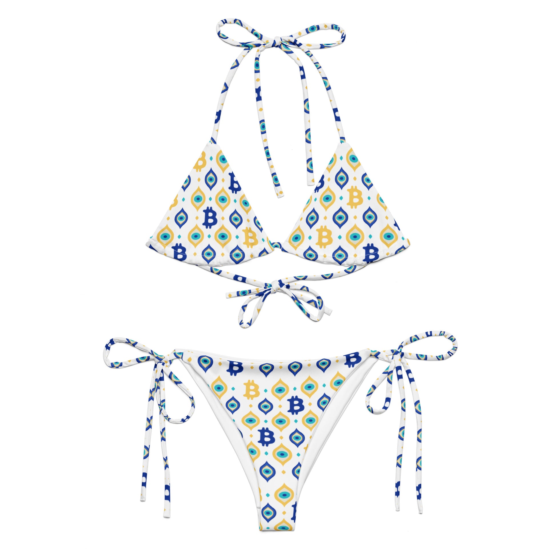 Two-piece swimsuit with geometric bitcoin pattern on a white background