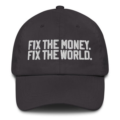 Black cap with 'Fix the Money, Fix the World' text on a white background