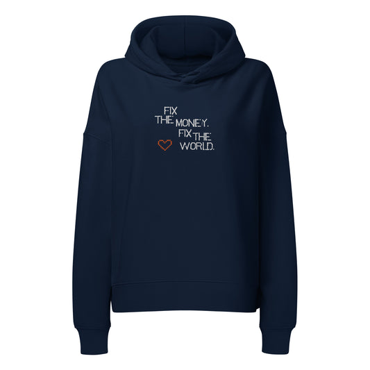 Navy blue hoodie with fix the money fix the world text and heart design on a white background