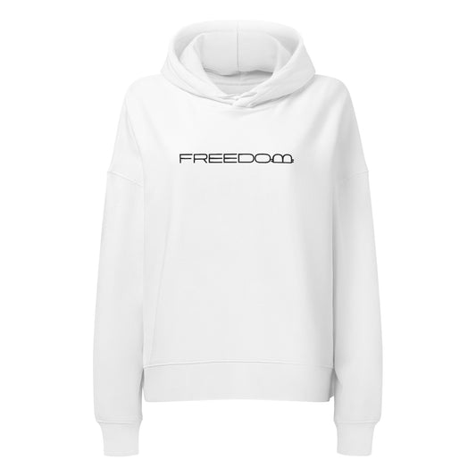 White hoodie with 'FREEDOM' text with a bitcoin symbol on a white background